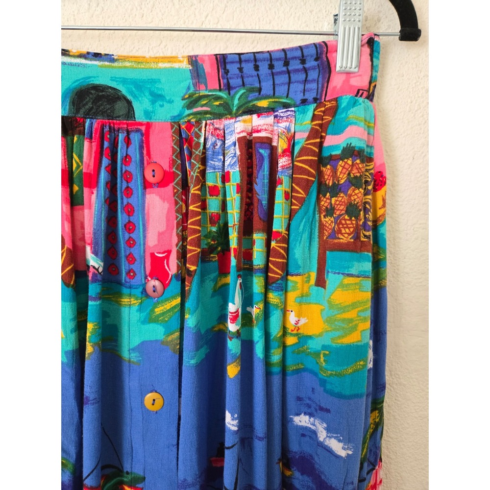 Vintage Carole Little Womens 4 Midi Skirt Multicolor Tropical Village Rayon USA - Picture 5 of 11